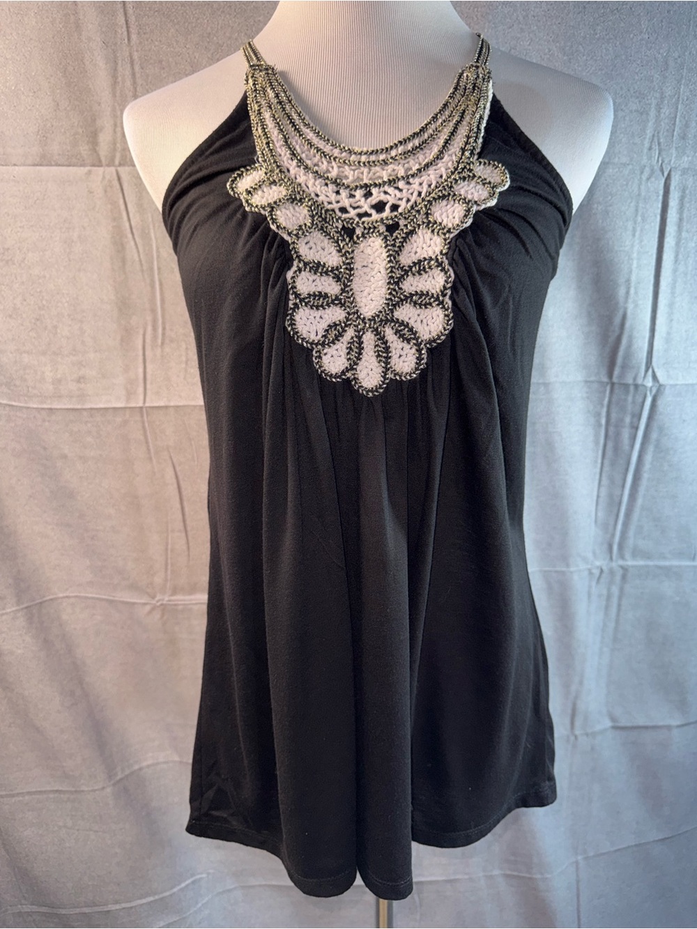 2108-Love Notes Black Halter Camisole with Cream & Metallic Embellished Neckline